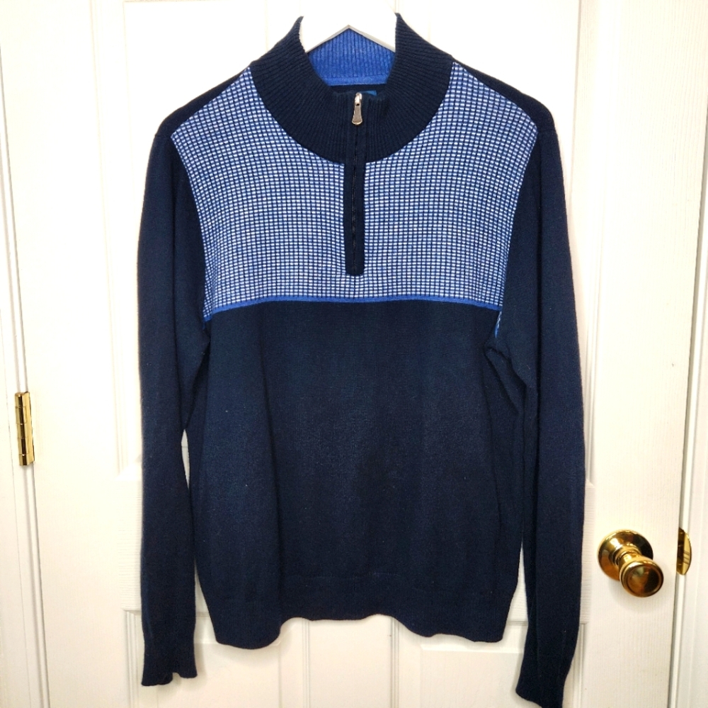 Fairlane 1/4 Zip Sweater Mock Neck Navy Blue Cashmere Cotton Blend Size Medium